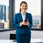 **

"A businesswoman in a modern, brightly lit office setting. She is fully clothed in a modest, professional business suit (skirt and jacket). She is confidently smiling, and holding a smart phone. The background includes a clean desk with a computer and a window overlooking a city. Perfect anatomy, correct proportions, natural pose, well-formed hands, proper finger count, natural body proportions, safe for work, appropriate content, fully clothed, professional."

**