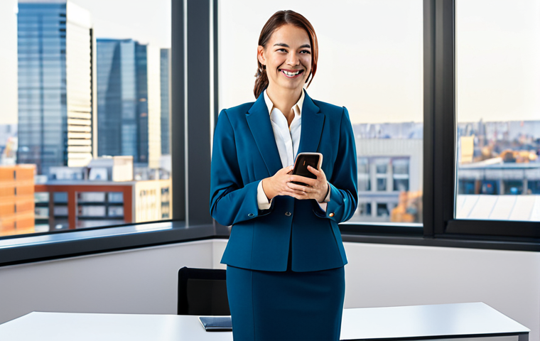 **

"A businesswoman in a modern, brightly lit office setting. She is fully clothed in a modest, professional business suit (skirt and jacket). She is confidently smiling, and holding a smart phone. The background includes a clean desk with a computer and a window overlooking a city. Perfect anatomy, correct proportions, natural pose, well-formed hands, proper finger count, natural body proportions, safe for work, appropriate content, fully clothed, professional."

**