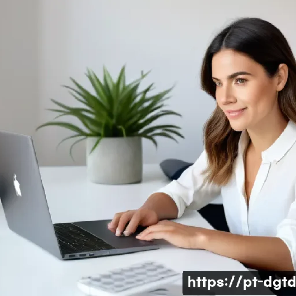 디지털 정체성 관리의 평가 기준 - A stylish Portuguese woman, aged 30-40, with a warm and confident expression, sits comfortably at a ...