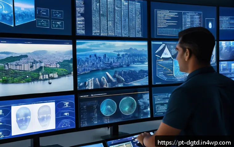 디지털 정체성 관리에서의 인공지능 활용 - A futuristic digital security control room with diverse professionals using advanced facial recognit...