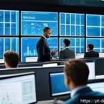 Home 19 디지털 정체성 관리와 기업 전략 - A modern corporate office environment with diverse professionals collaborating on digital security m...