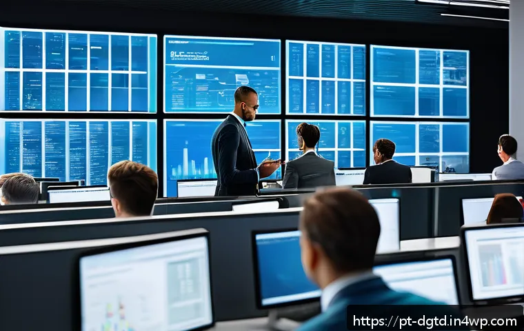 디지털 정체성 관리와 기업 전략 - A modern corporate office environment with diverse professionals collaborating on digital security m...