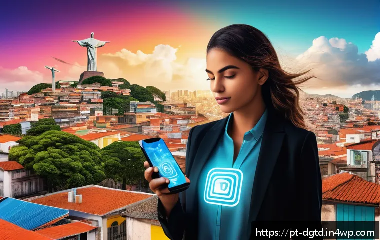 디지털 정체성 관리 모델 비교 - A modern digital identity management scene set in a vibrant Brazilian cityscape, featuring a young p...